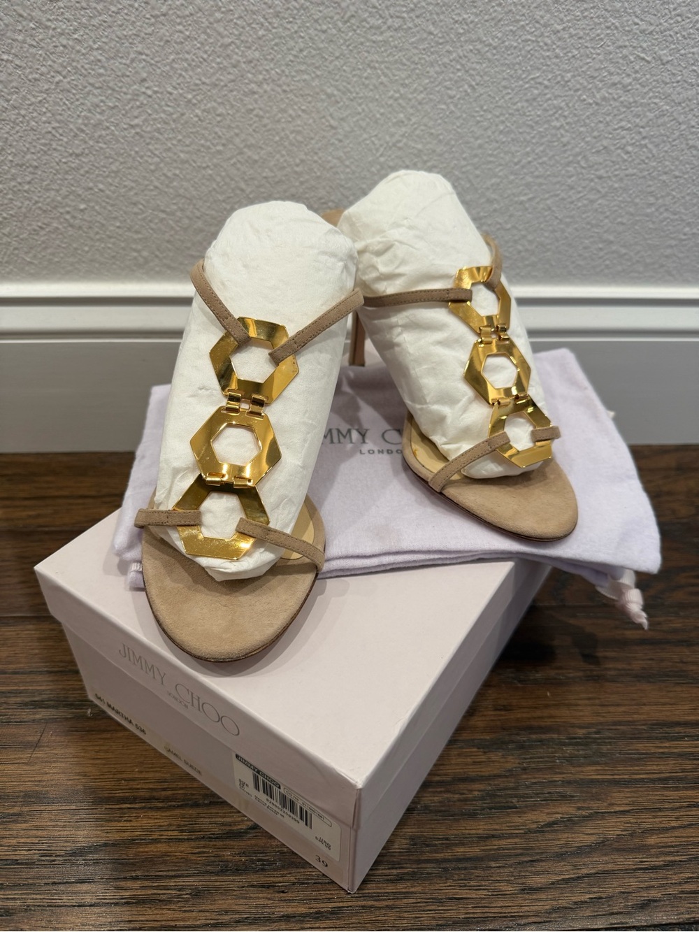 Jimmy Choo Martha Heels, Camel suede, sz 39/9, NWB